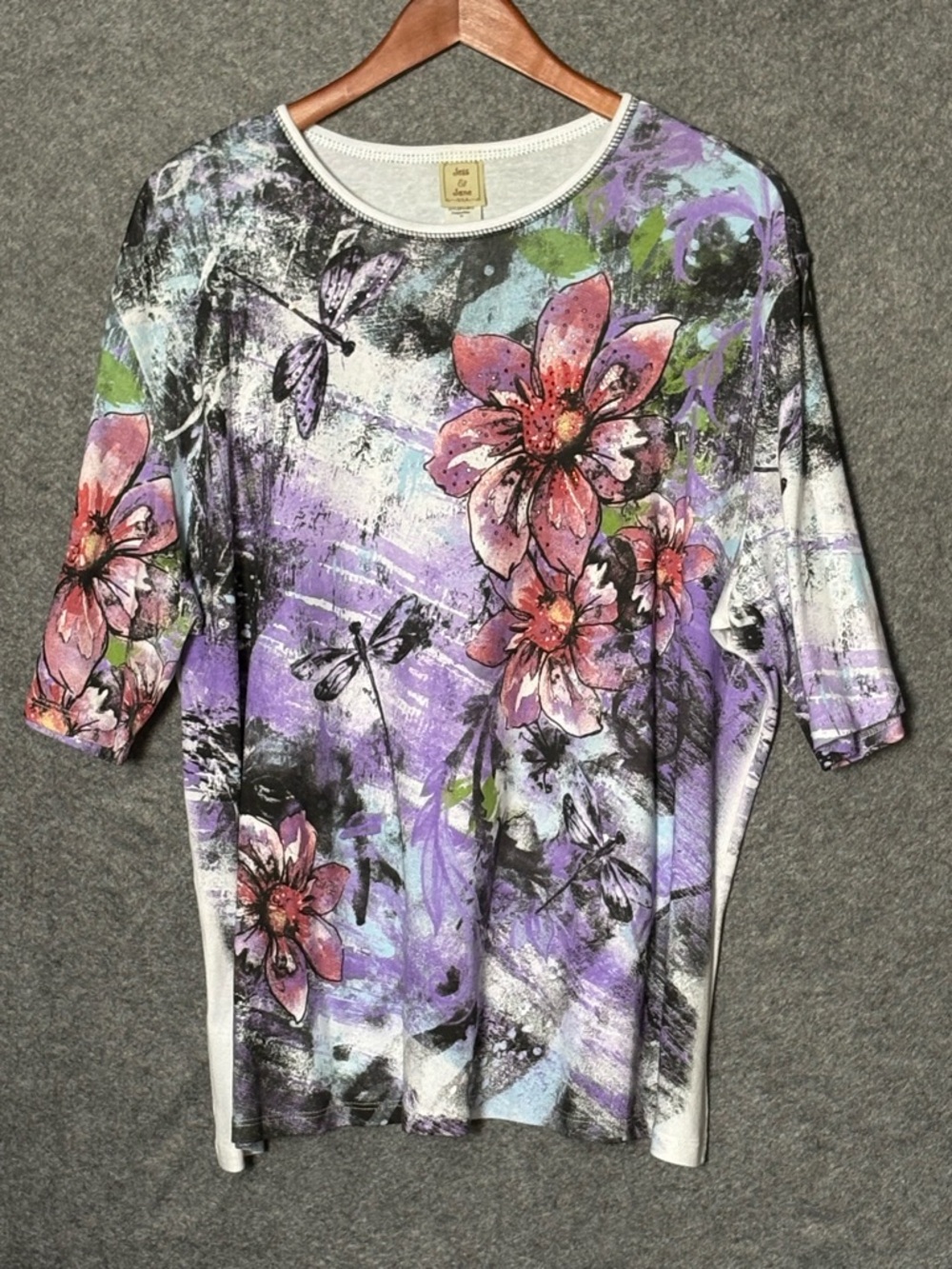 Y2K Jess & Jane Womens 3X Dragonflies Top AOP Rhinestone Boho Coastal Grandma